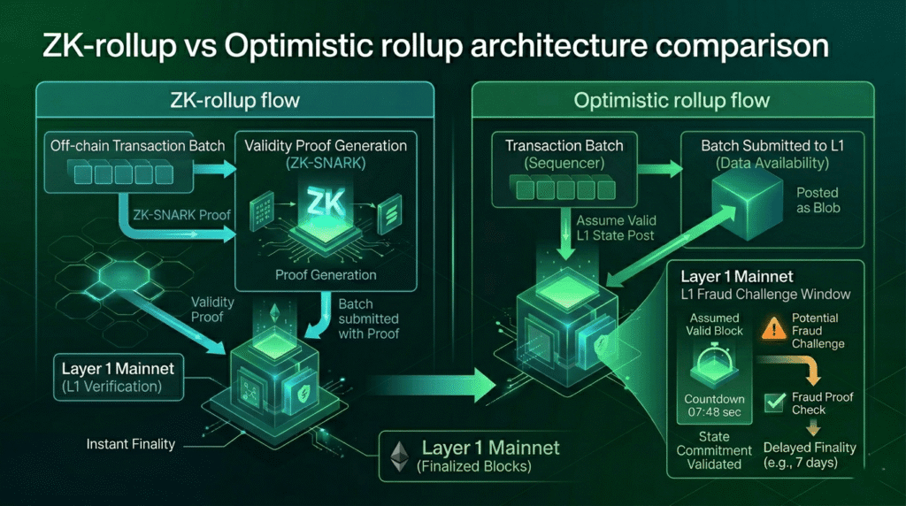 ZK-rollup vs Optimistic rollup architecture comparison